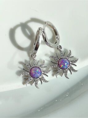 Disney Silver Sunburst Drop Earrings with Purple Opalescent Center